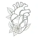 Minimal Thin Drawing Lines Black And White Watercolor Anatomic Heart With Roses, moth, and flowers tattoo design idea