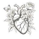 Minimal Thin Drawing Lines Black And White Watercolor Anatomic Heart With Roses, moth, and flowers tattoo design idea