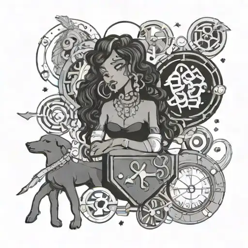 black barbie, surrounded by a circle of objects: treasure chest, heart, gemini symbol, sagittarius symbol tattoo design idea