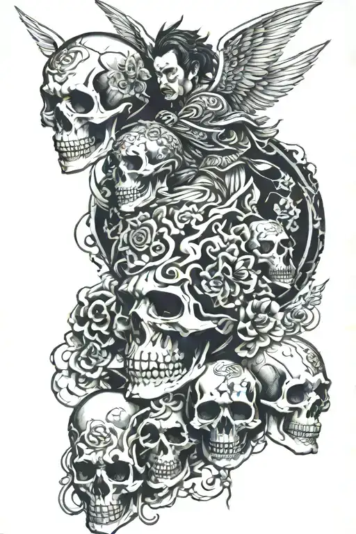 angel warden and 3 skull below, dark and intense tattoo design idea