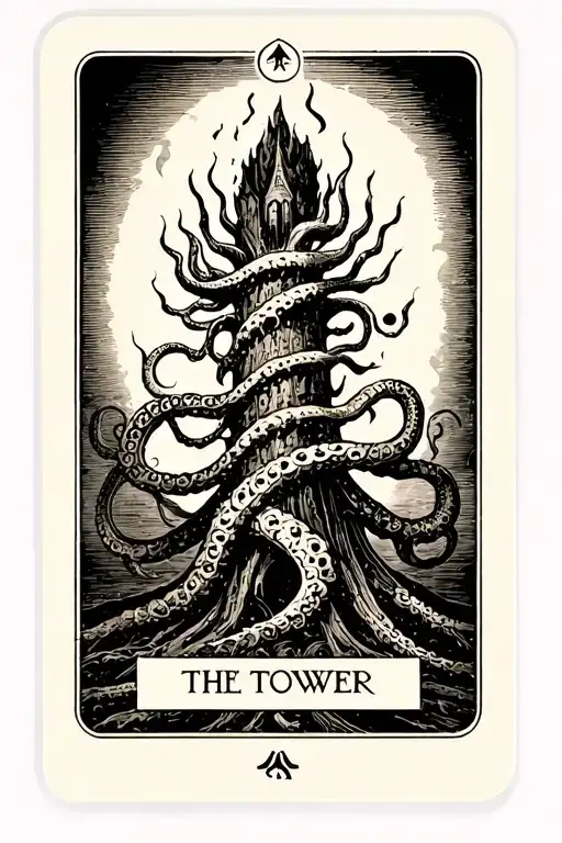 the tower tarot card, burning, tentacles wrapping tail around stem tattoo design idea