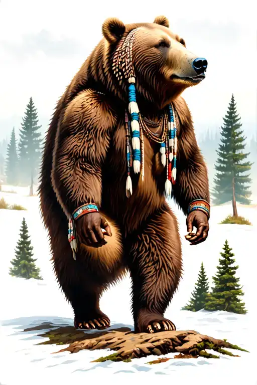 native American style bear walking, tall conifer trees in the background tattoo design idea