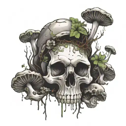 a skull with moss and mushrooms growing on it tattoo design idea