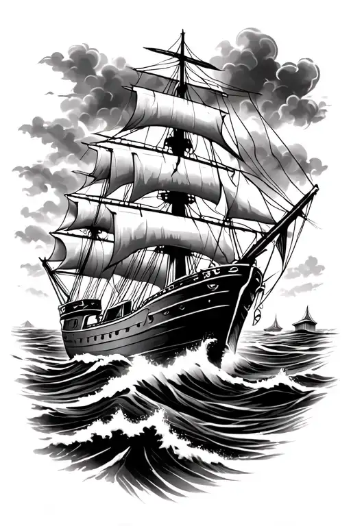 clipper ship sailing through stormy seas tattoo design idea