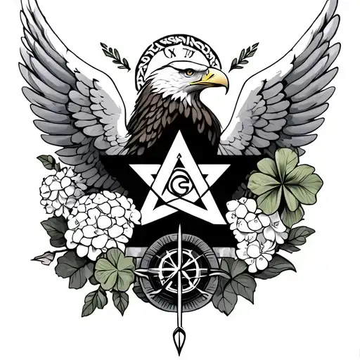 Half sleeve tattoo with angel wings, hydrangea, star of david, bald eagle, clover, celtic symbol, and compass and arrow tattoo design idea