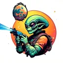 Mars Attacks alien with a ray gun, no hands and bold lines tattoo design idea