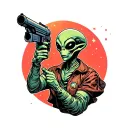 Mars Attacks alien with a ray gun, no hands and bold lines tattoo design idea