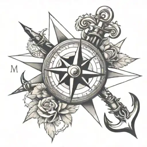 Compass rose with anchor tattoo design idea