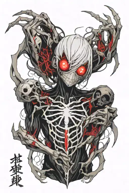 in the back a centapyde from tokyo ghoul that goes around the body with some elements of a spider2  from hunter x hunter tattoo design idea
