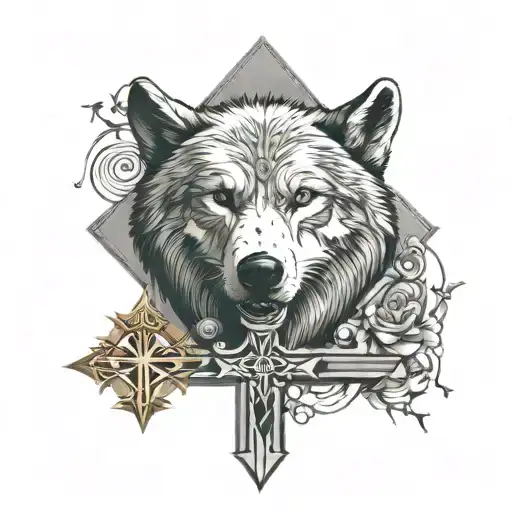 christian cross wolf and bear tattoo design idea