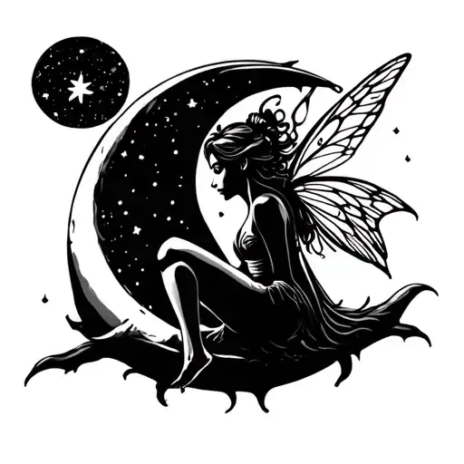 Sitting Fairy sitting on moon tattoo design idea