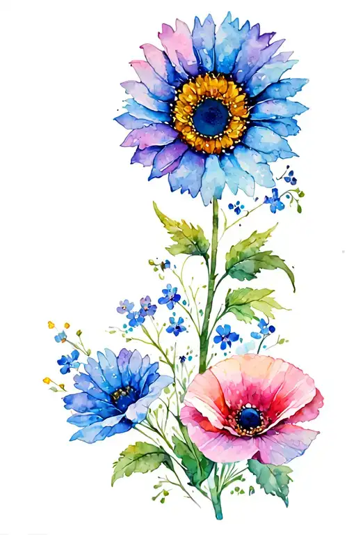 sunflower, poppy flower, forget-me-not, Gerbera flowers tattoo design idea