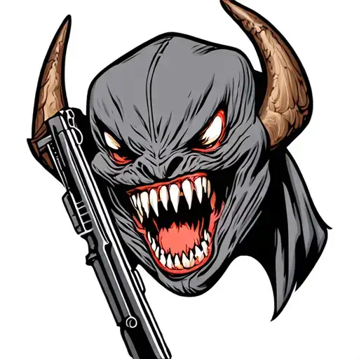 balaclava, ak47, demon with sharp teeth tattoo design idea