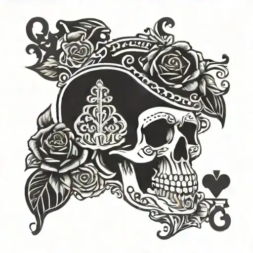 playing cards with the queen as skull with roses tattoo design idea