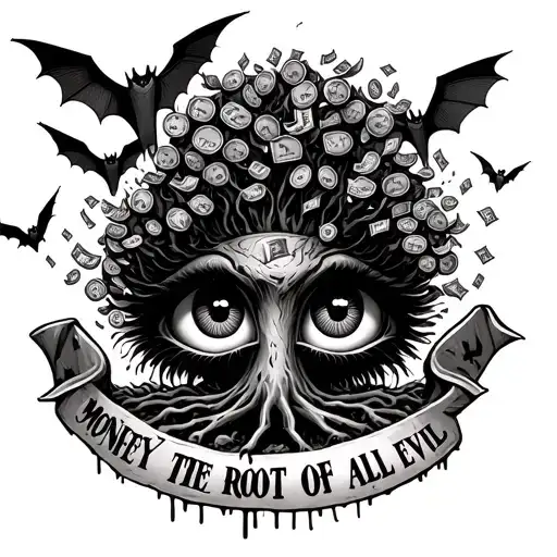"Money is the root of all evil" Money raining and bats flying away poison tree and an eye obsereving from above tattoo design idea