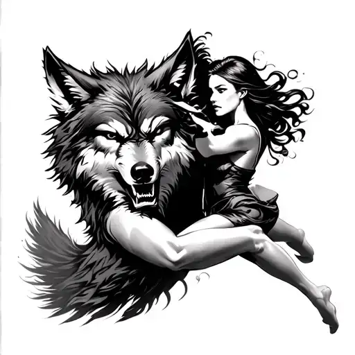 An angry wolf chasing vertically a woman on mens forearm tattoo design idea