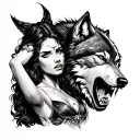 An angry wolf chasing vertically a woman on mens forearm tattoo design idea