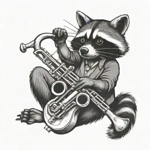 raccoon playing trombone surrounded tattoo design idea