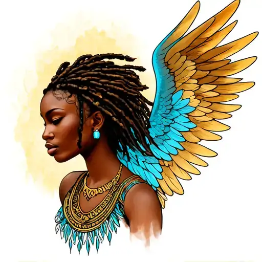 beautiful tribal African woman guardian angel with dreadlocks and beautiful wings tattoo design idea