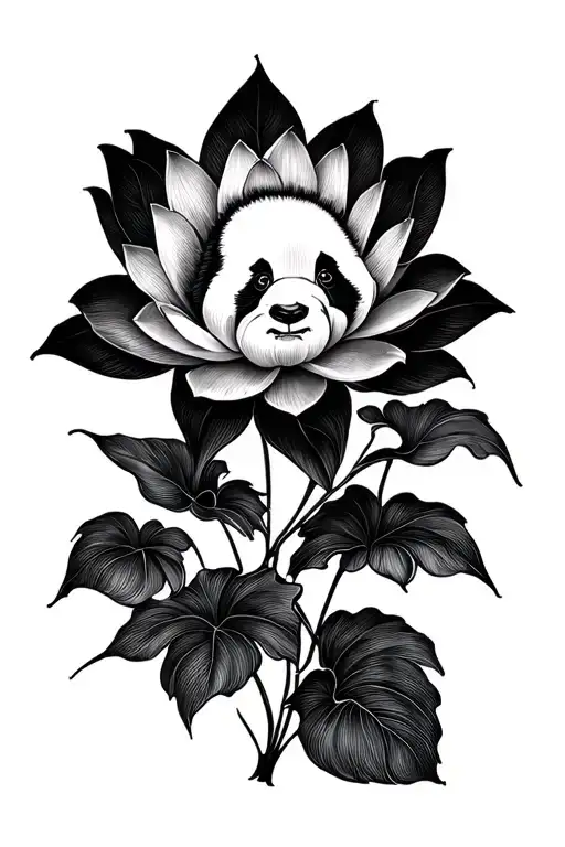 panda lotus flower large black leaves tattoo design idea