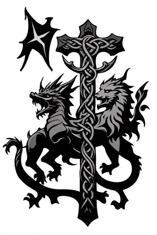 welsh dragon and English lion on Celtic cross tattoo design idea