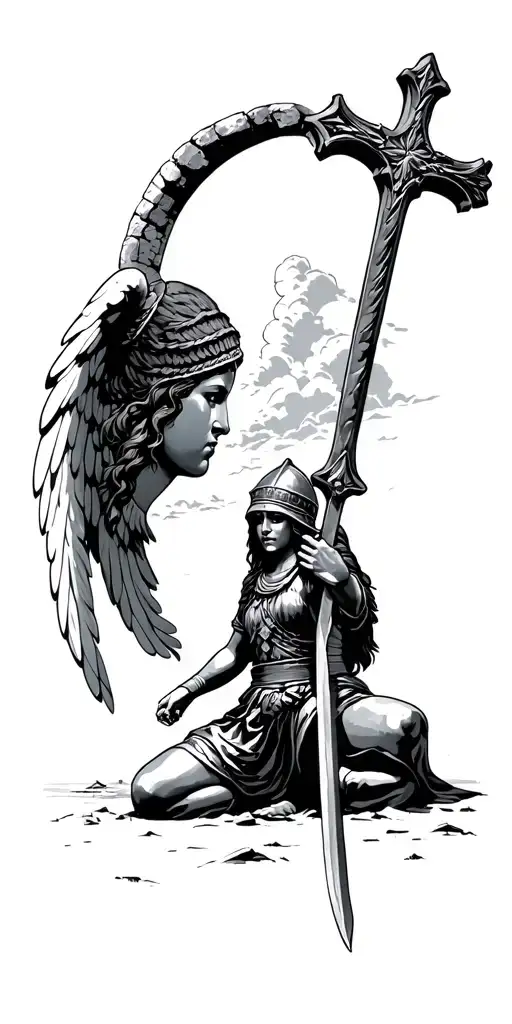 cross, roman soldier kneeling, ruins, woman face, arch angel, sky tattoo design idea