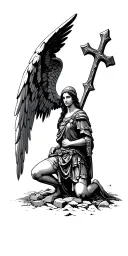 cross, roman soldier kneeling, ruins, woman face, arch angel, sky tattoo design idea