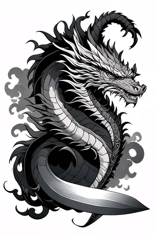 western dragon sword clouds black tattoo design idea