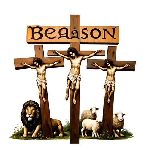 three wooden crosses with jesus, "Beason" in renaissance font, with a clock, a lion and sheep for a back piece.  tattoo design idea