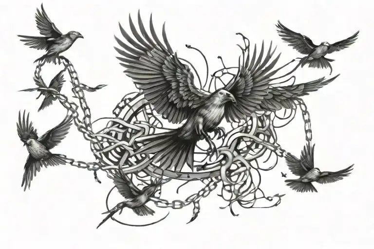freedom chain is broken and birds comin out of its pieces and flying away  tattoo design idea