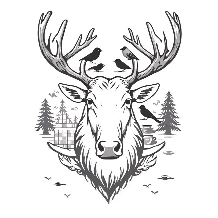 moose head  with cardinals and robin bird on antlers and quilt/tea pot and pine trees in background  tattoo design idea