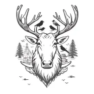 moose head  with cardinals and robin bird on antlers and quilt/tea pot and pine trees in background  tattoo design idea