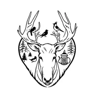 moose head  with cardinals and robin bird on antlers and quilt/tea pot and pine trees in background  tattoo design idea