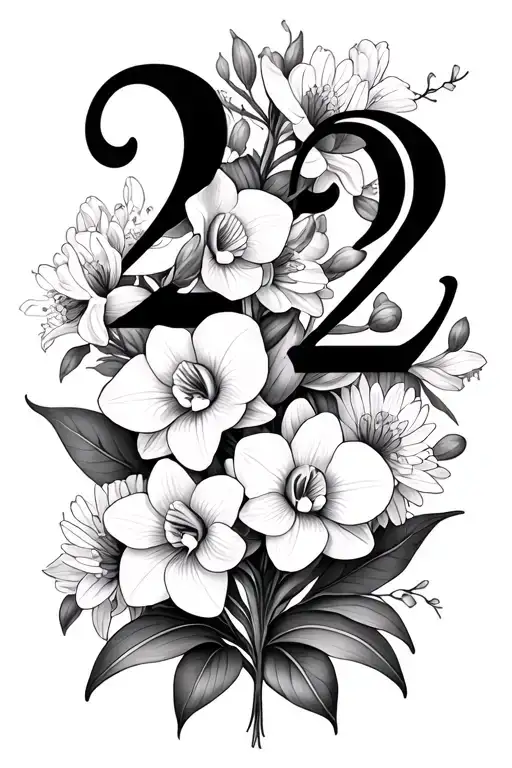 22 symbol from Bon Iver's album 22 with an orchid, daffodils, gladiolus, aster, cherry blossoms and poopy intertwined tattoo design idea
