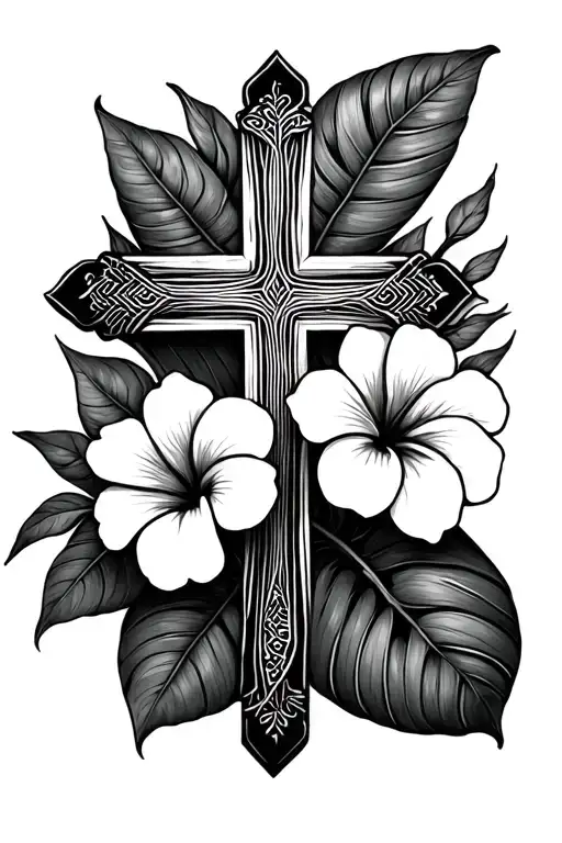 Fine line Tattoo feminine cross with 3 hibiscus flowers and monstera leaves behind it tiny tattoo design idea