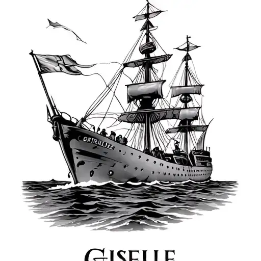 old napoleonic battleship that says "Giselle" tattoo design idea