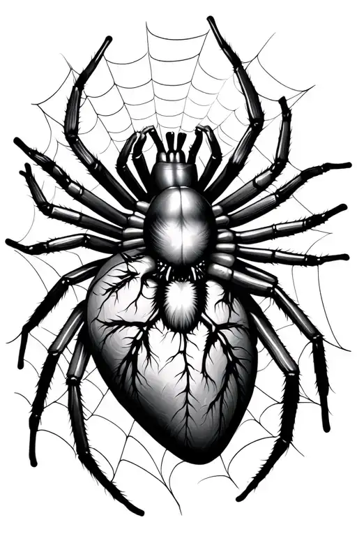 spider on realistic human heart making web tattoo design idea