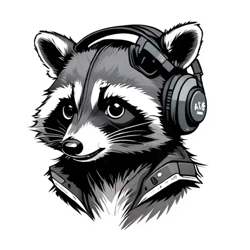 Mechanic Raccoon wearing headphones tattoo design idea