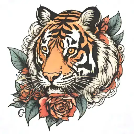 a red flower and tiger emerging tattoo design idea