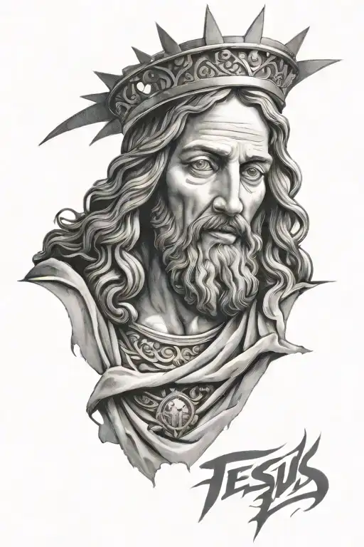 detailed jesus as victorious king tattoo design idea