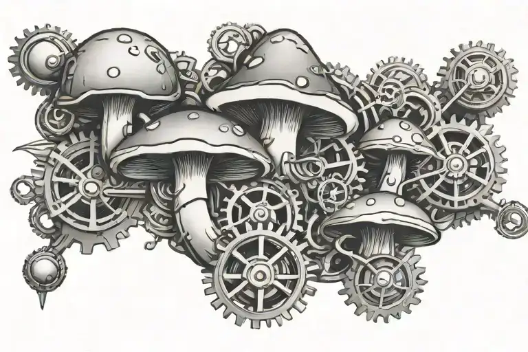 mushrooms growing from  steampunk cogs tattoo design idea