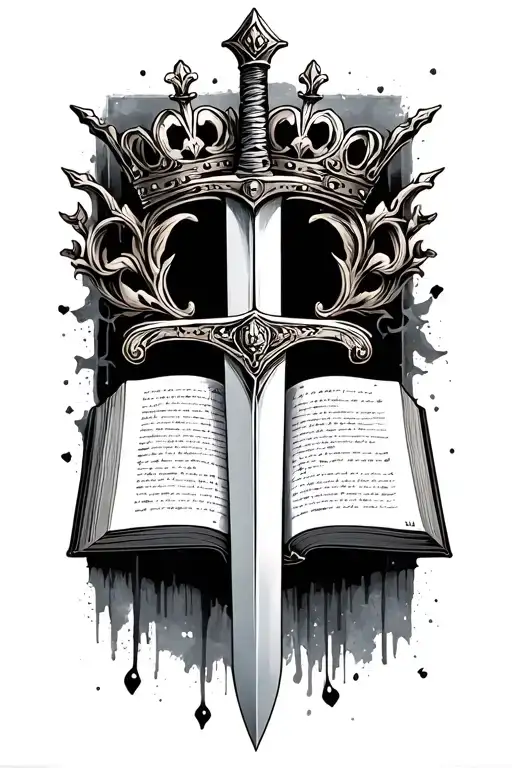 sword piercing a book that is open with a crown on the hilt of the sword tattoo design idea