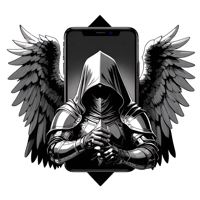 Angel in the screen of a smartphone, attracting his arms forward. The angel is dressed in knightly armor and his face is not visible under the hood tattoo design idea
