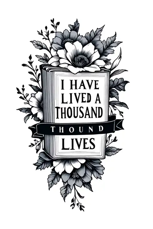"I have lived a thousand lives " book surrounded by bold floral tattoo design idea