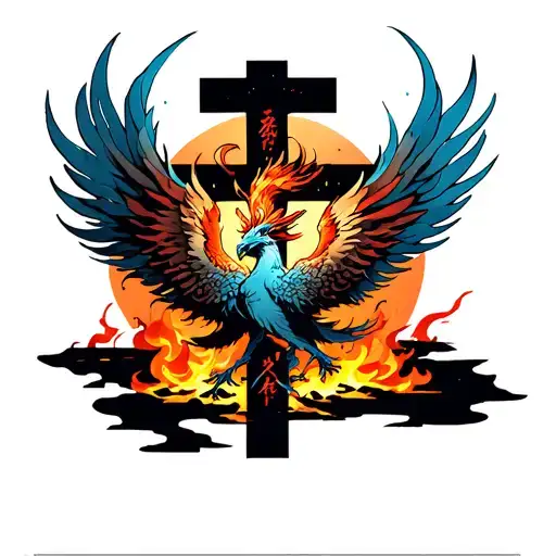 Phoenix rising from the ashes beneath a cross tattoo design idea