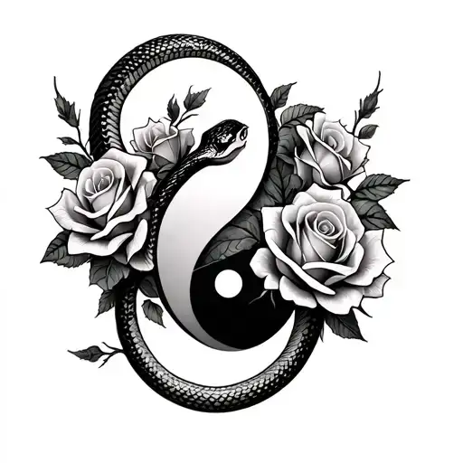 snake on roses with thorns while the roses stem extend to where the heart is add a yin and Yang  tattoo design idea