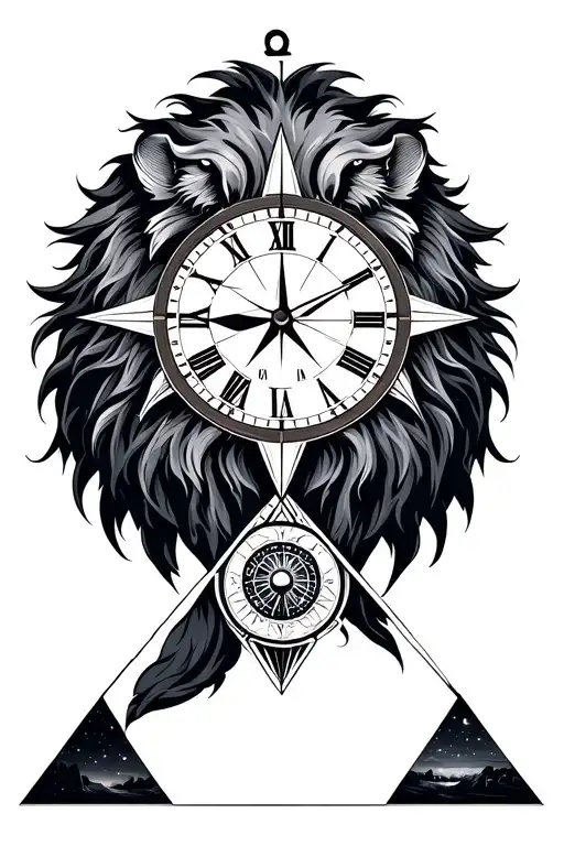 lion head on the upper part and in the middle half compass, half clock. in the lower a reverse triangle with night natur tattoo design idea