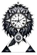 lion head on the upper part and in the middle half compass, half clock. in the lower a reverse triangle with night natur tattoo design idea