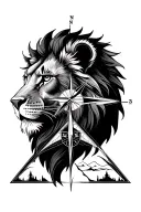 lion head on the upper part and in the middle half compass, half clock. in the lower a reverse triangle with night natur tattoo design idea