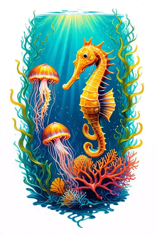 undersea coral reef scene with vibrant coral, tall swaying kelp, a delicate seahorse, and two jellyfish tattoo design idea